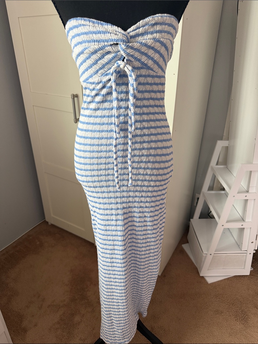 Fashion Nova Blue and White Strapless Tie-Front Maxi Dress